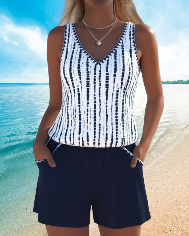 Mia | Two Piece Printed V-Neck Swimsuit with Pockets