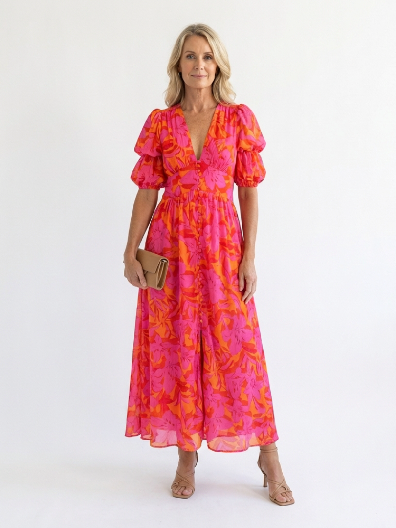 Hazel | Puff Sleeve Floral Midi Dress