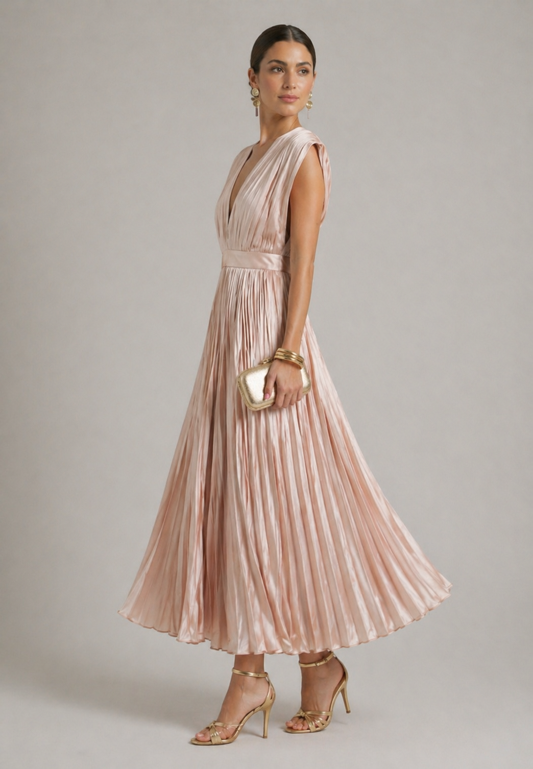 Marnie | Pleated V Neck Midi Dress