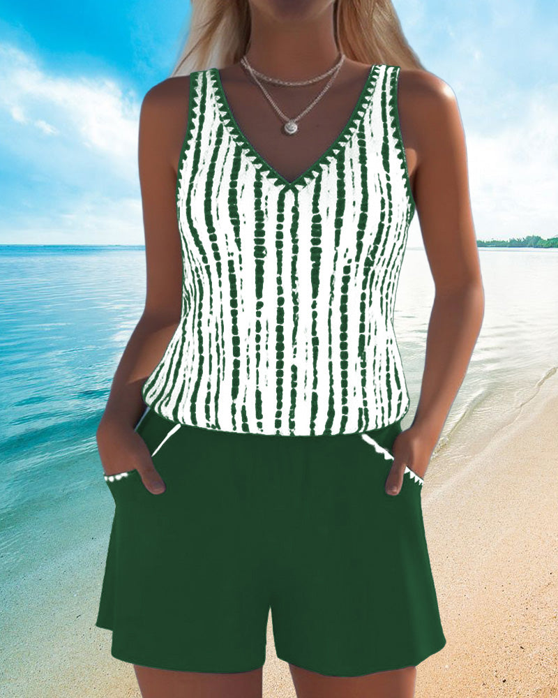 Mia | Two Piece Printed V-Neck Swimsuit with Pockets
