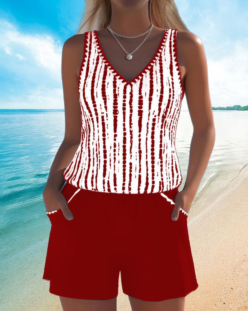 Mia | Two Piece Printed V-Neck Swimsuit with Pockets