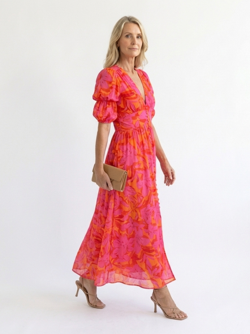 Hazel | Puff Sleeve Floral Midi Dress