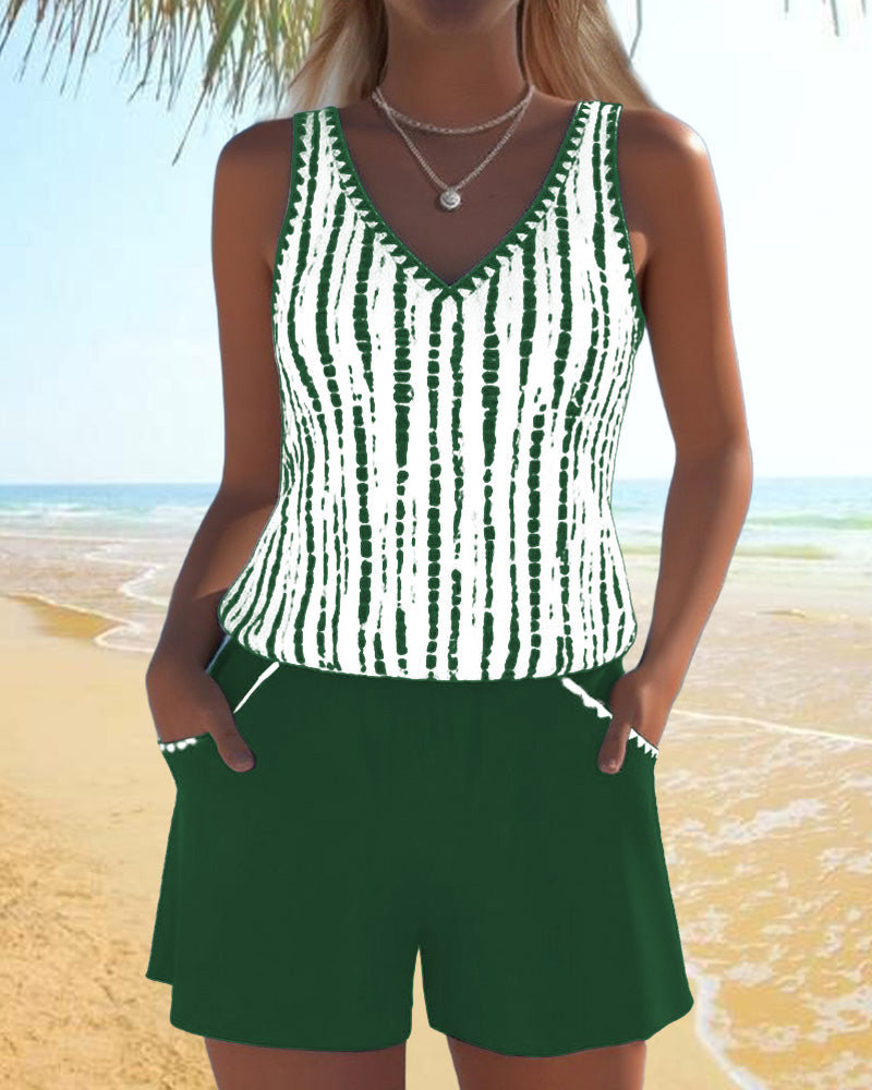 Mia | Two Piece Printed V-Neck Swimsuit with Pockets