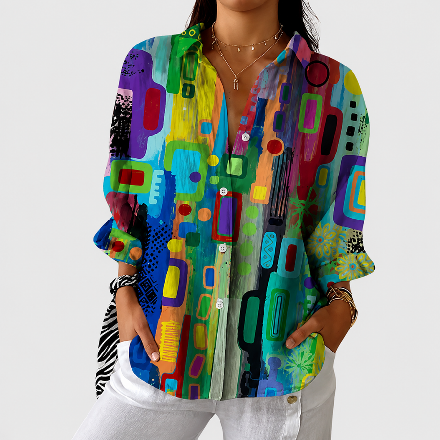 Marlowe | Rainbow Geometric Button-Up Blouse