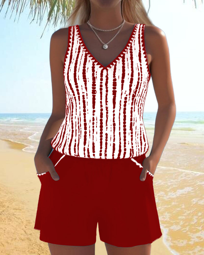 Mia | Two Piece Printed V-Neck Swimsuit with Pockets