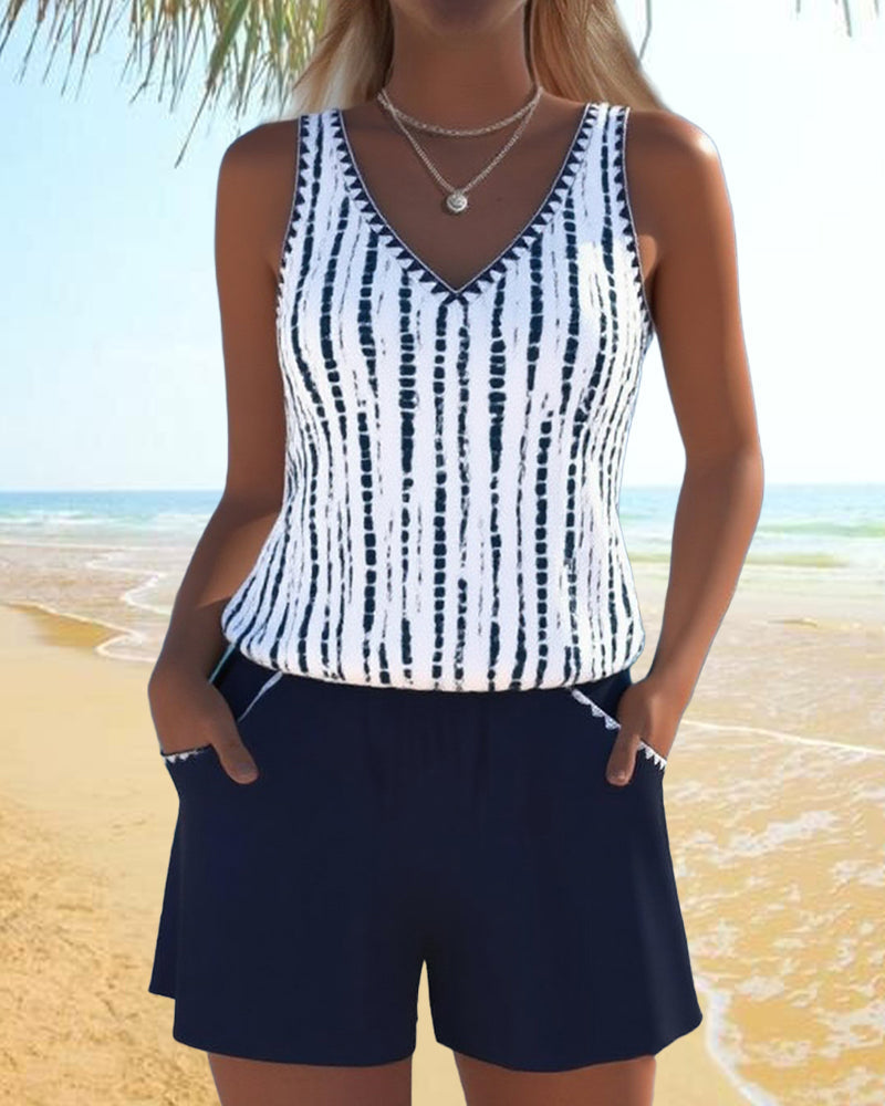 Mia | Two Piece Printed V-Neck Swimsuit with Pockets