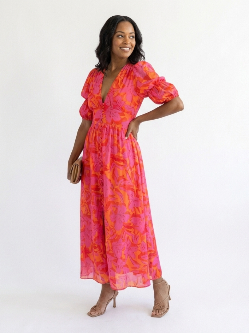 Hazel | Puff Sleeve Floral Midi Dress
