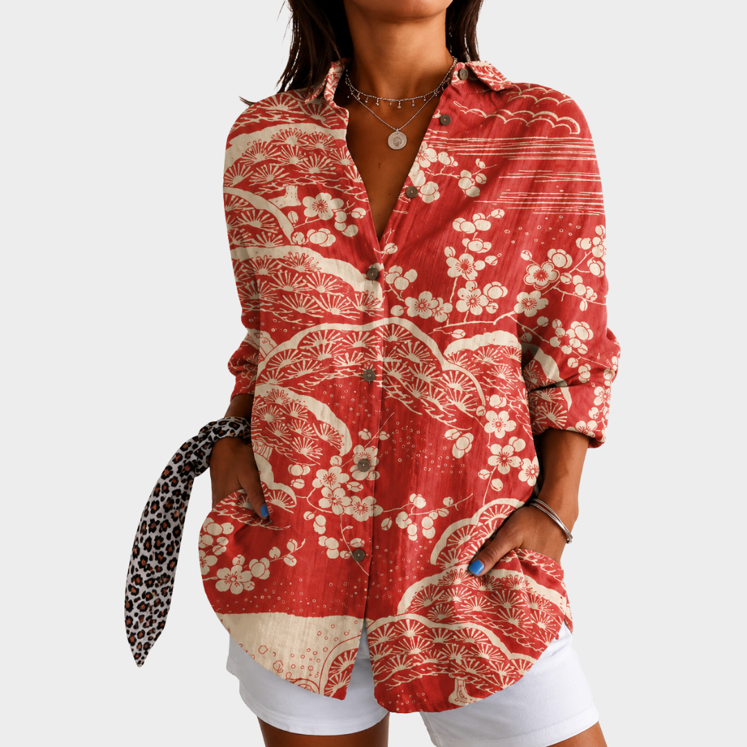 Tamara | Coral Red Floral Wave Blouse