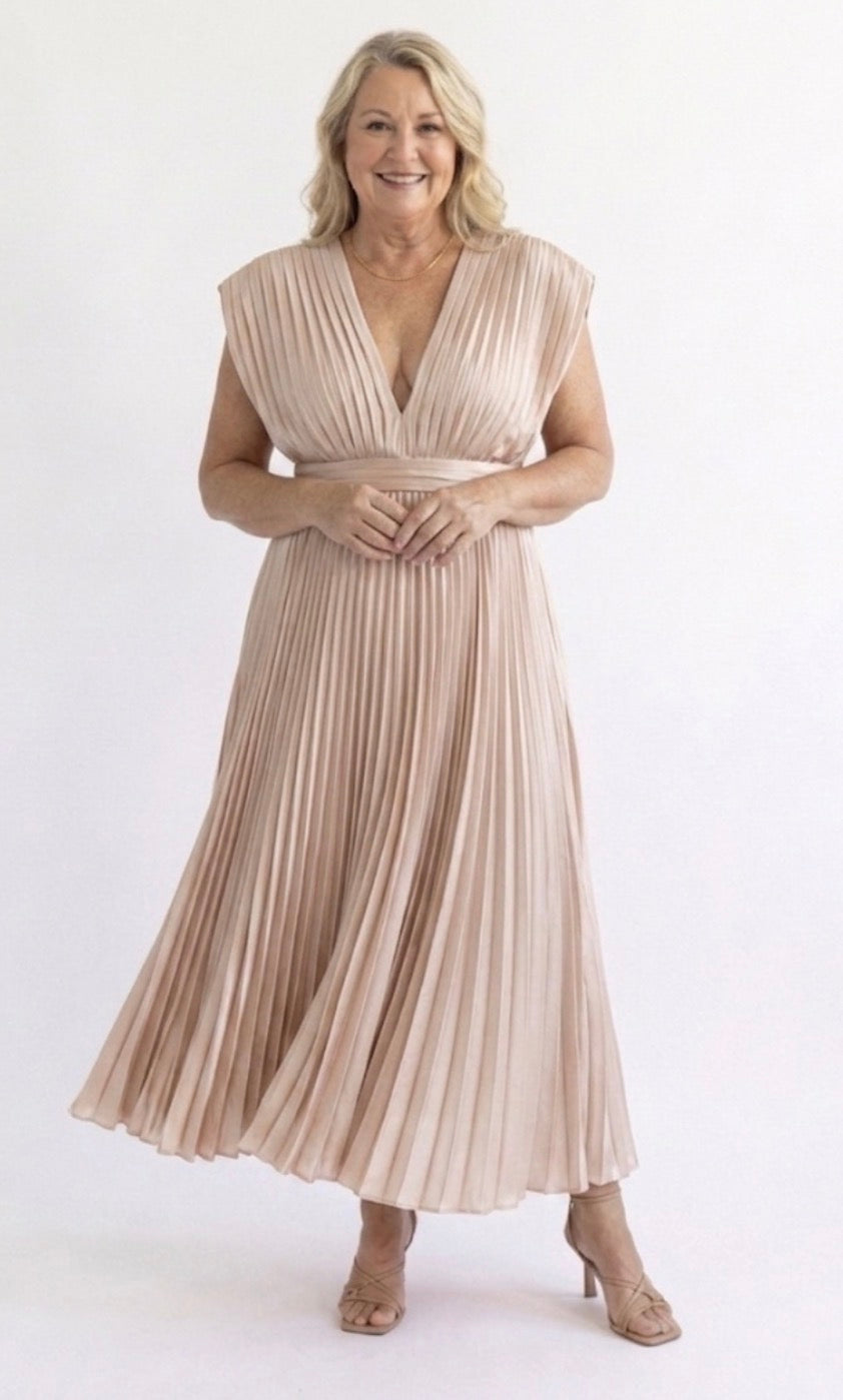 Marnie | Pleated V Neck Midi Dress