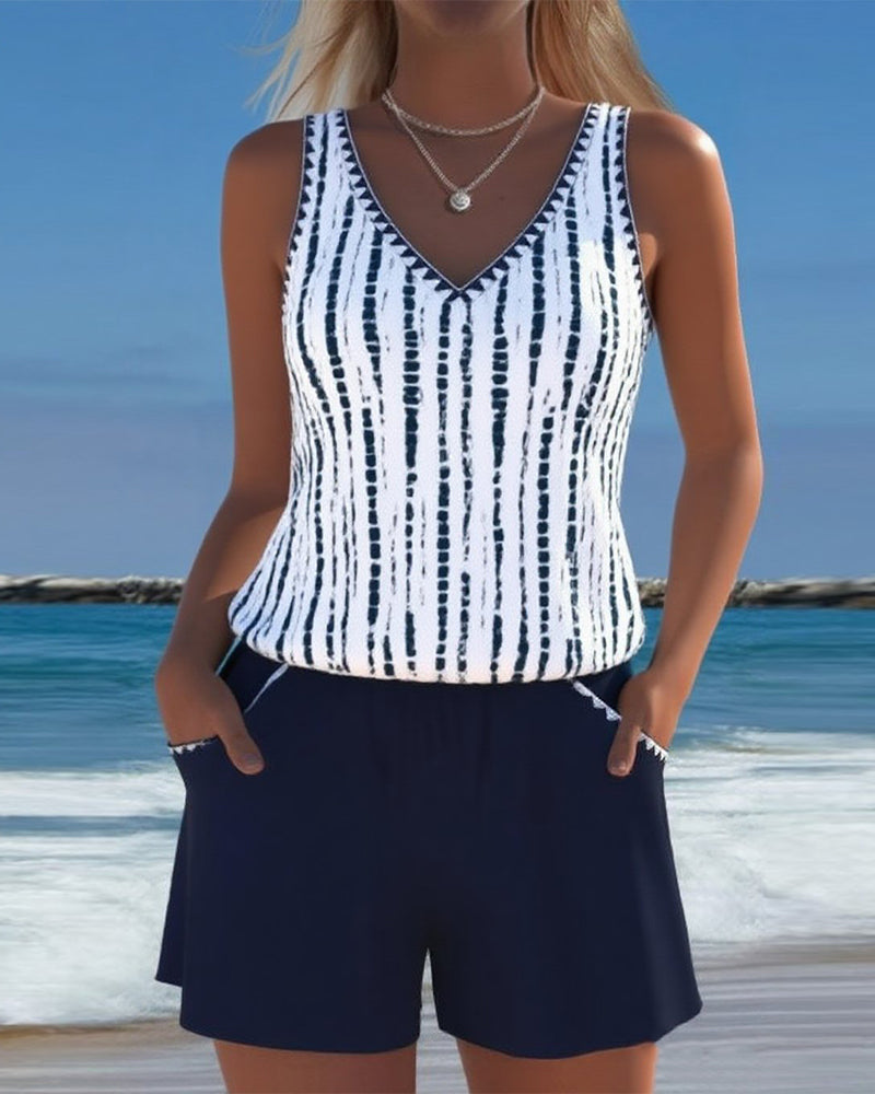 Mia | Two Piece Printed V-Neck Swimsuit with Pockets
