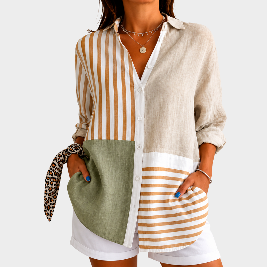 Saskia | Beige Sage Patchwork Blouse
