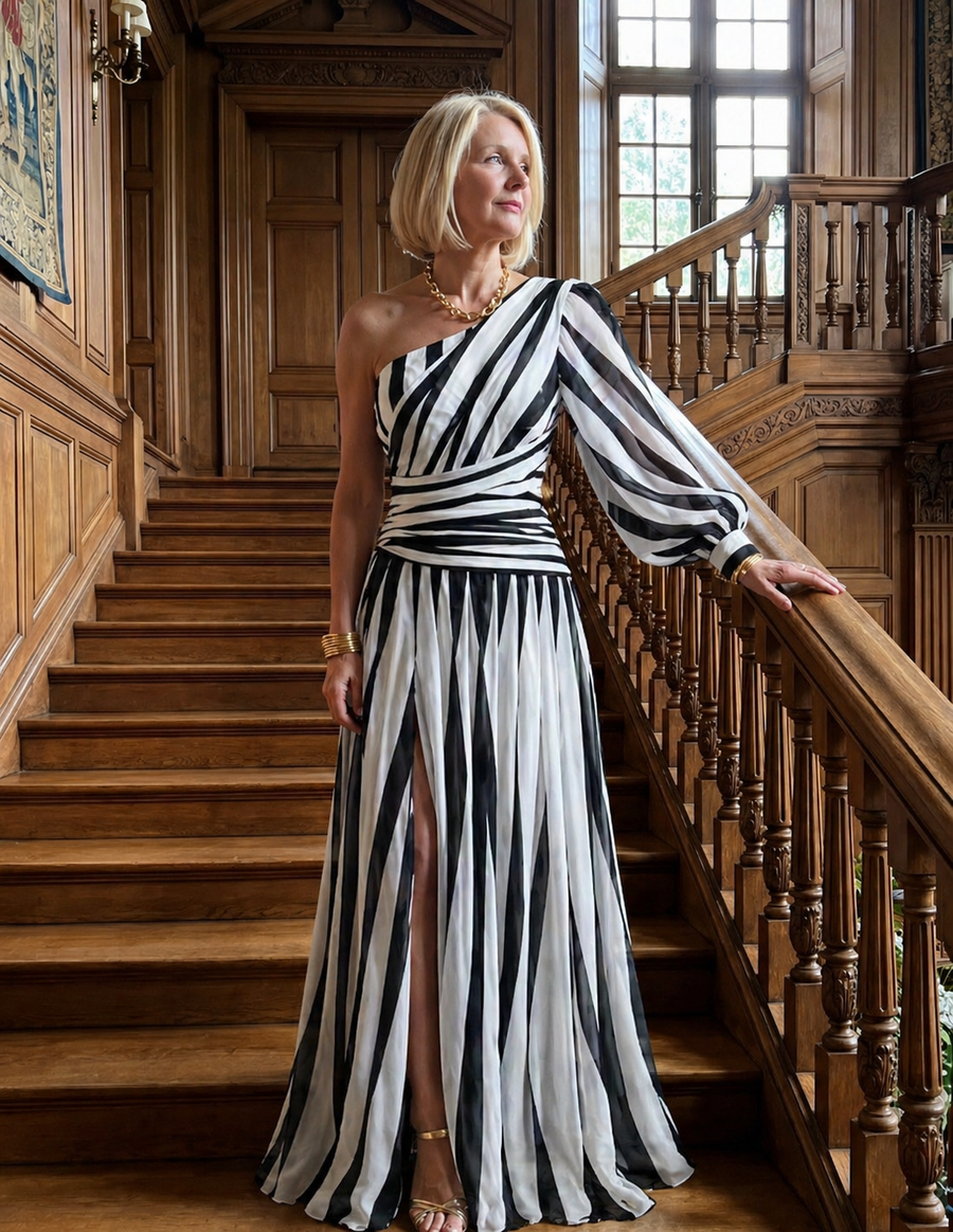 Marisol | Striped One Shoulder Maxi Dress