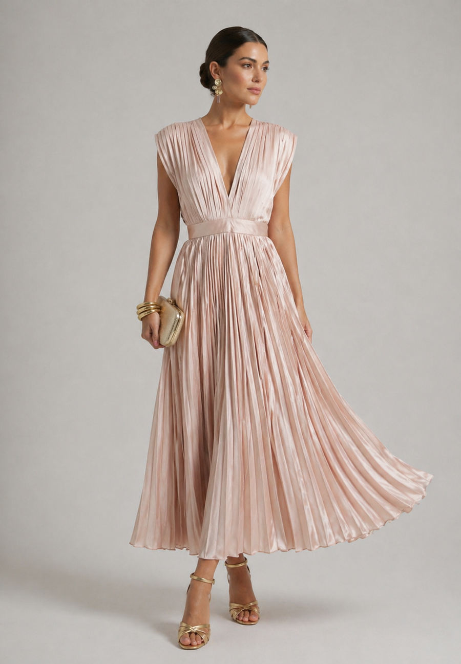 Marnie | Pleated V Neck Midi Dress