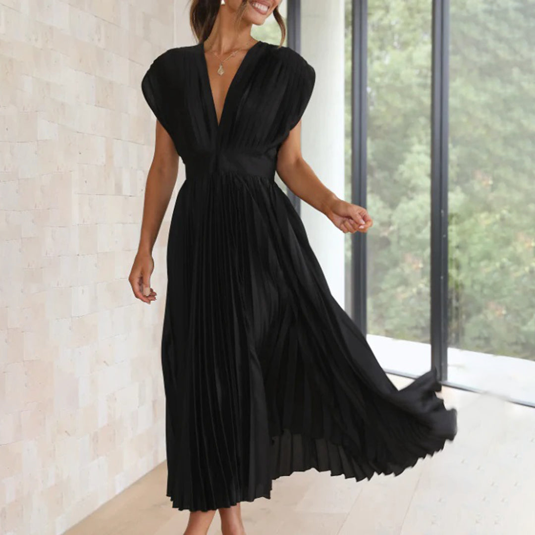 Marnie | Pleated V Neck Midi Dress