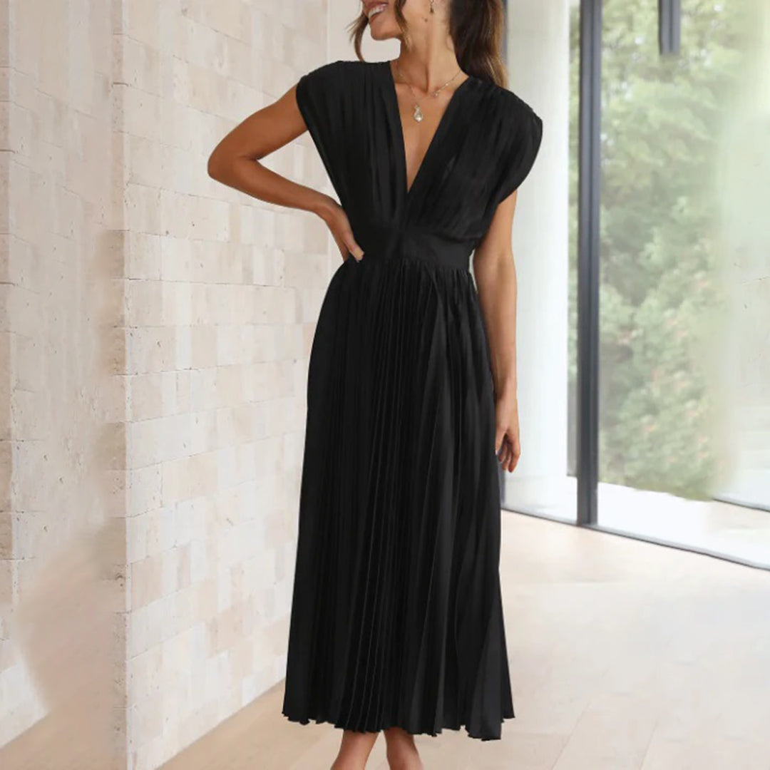 Marnie | Pleated V Neck Midi Dress