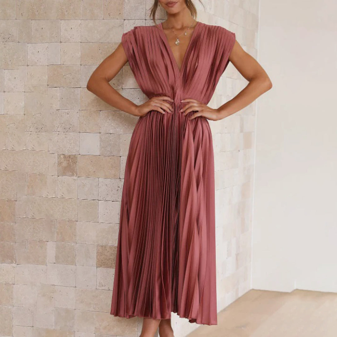 Marnie | Pleated V Neck Midi Dress