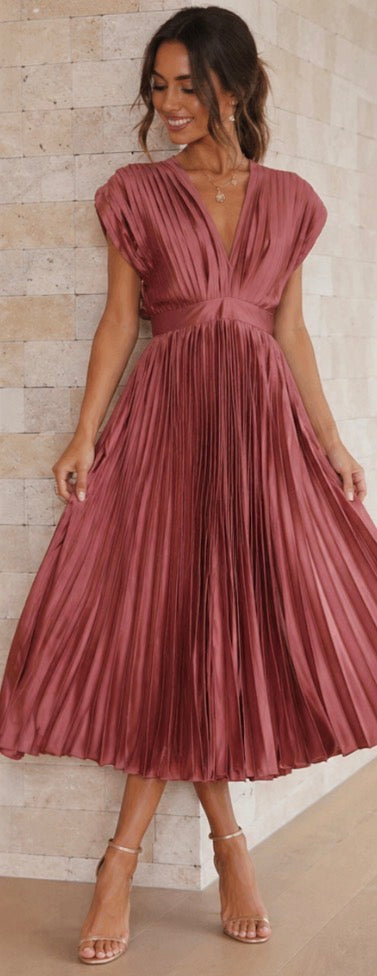 Marnie | Pleated V Neck Midi Dress