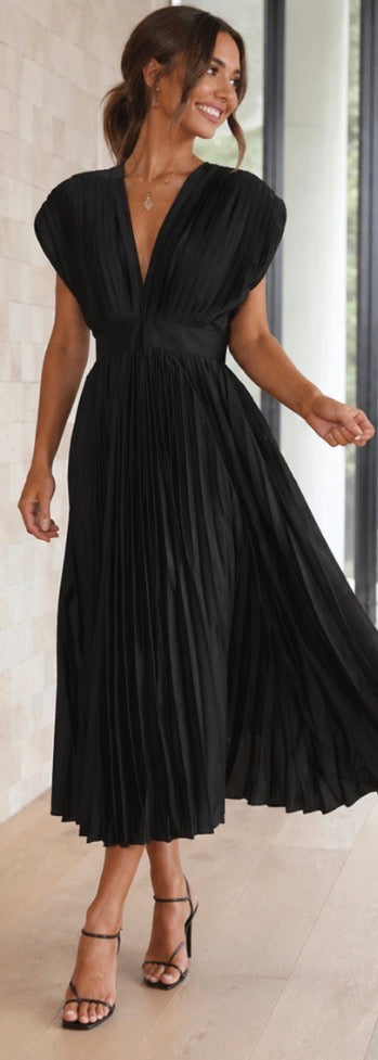 Marnie | Pleated V Neck Midi Dress