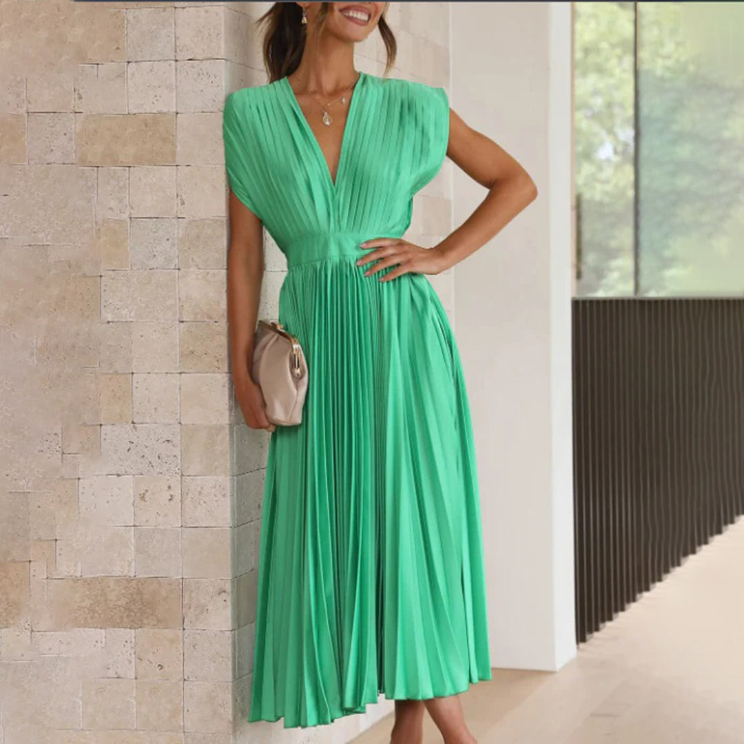 Marnie | Pleated V Neck Midi Dress