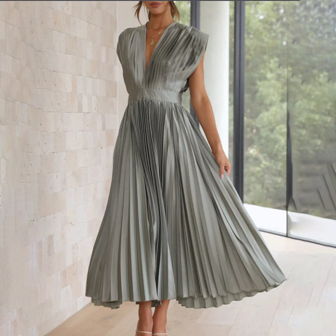 Marnie | Pleated V Neck Midi Dress