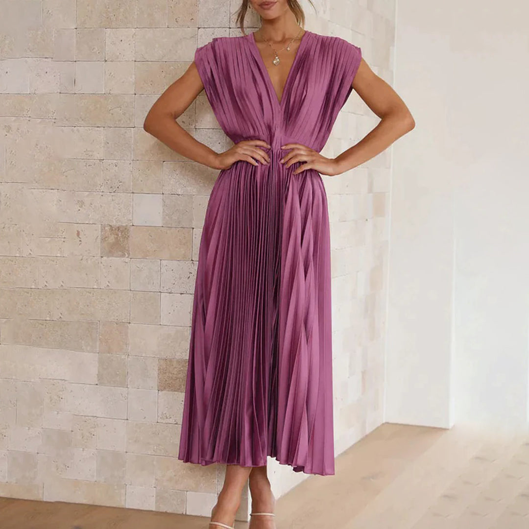 Marnie | Pleated V Neck Midi Dress