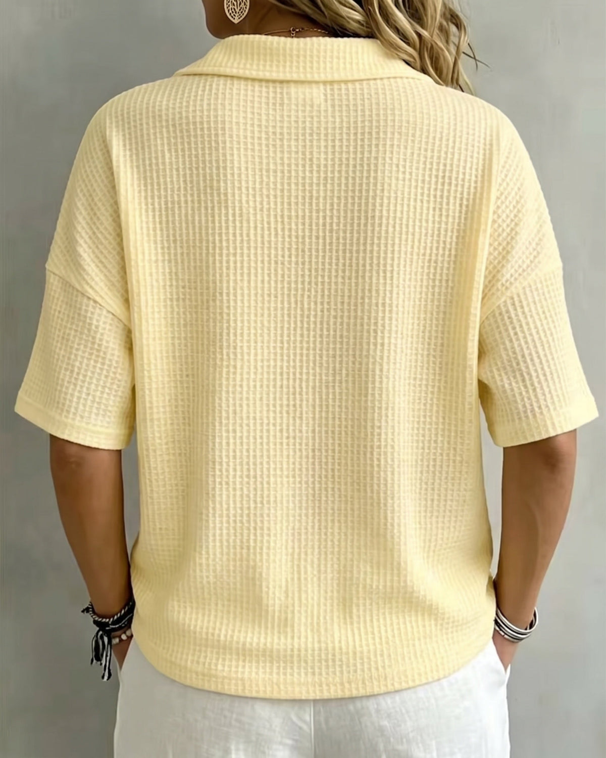 Maddison Relaxed Waffle Polo Top Butter Yellow detail