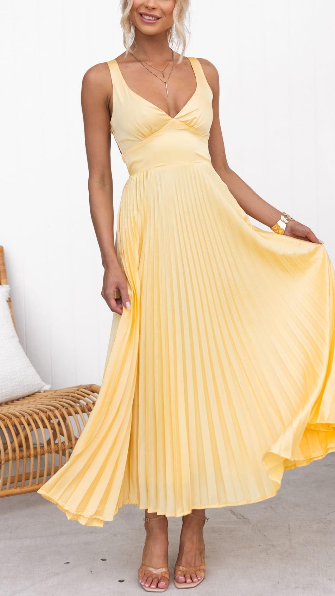 Malia | Pleated V Neck Maxi Dress