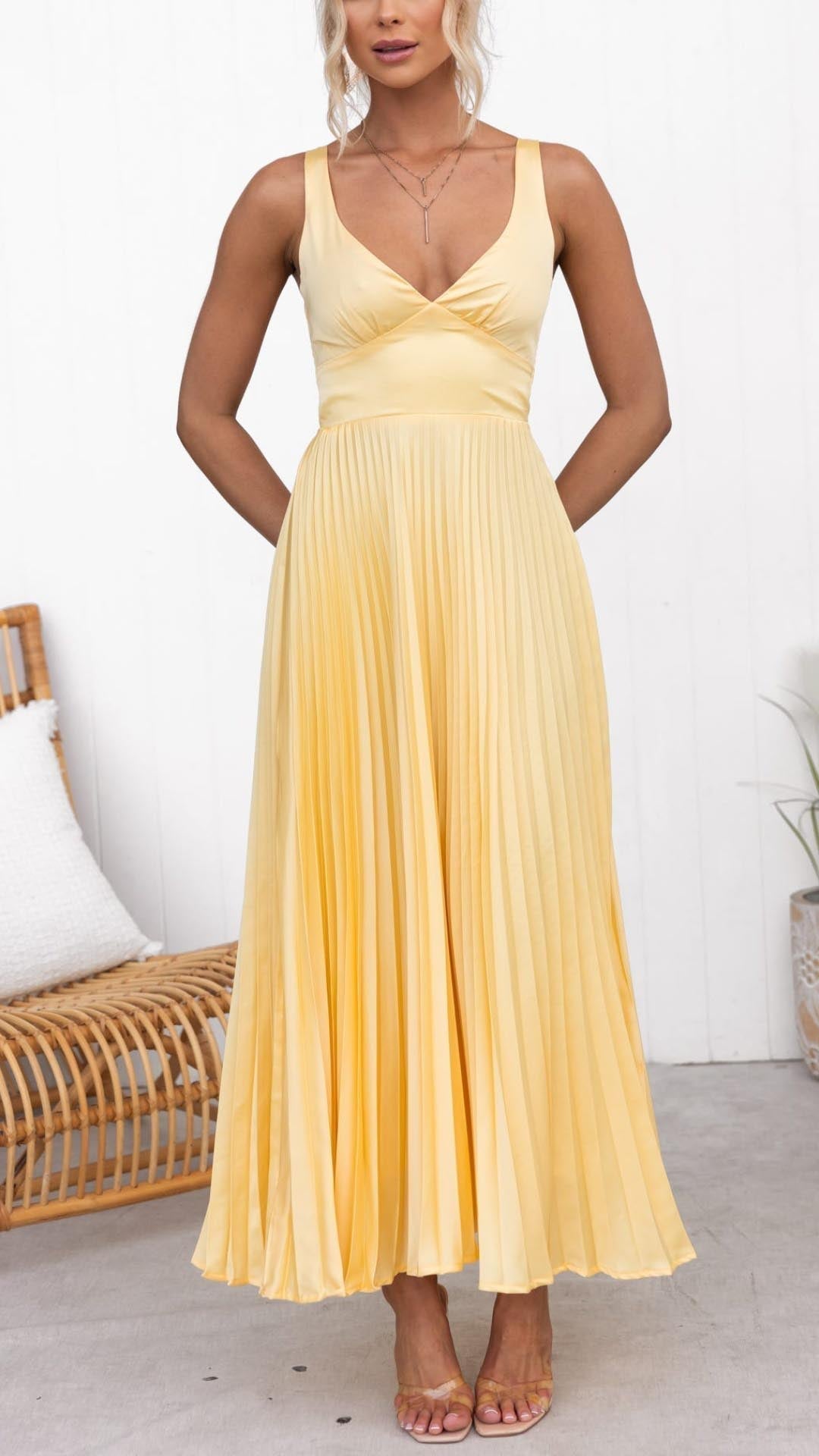 Malia | Pleated V Neck Maxi Dress