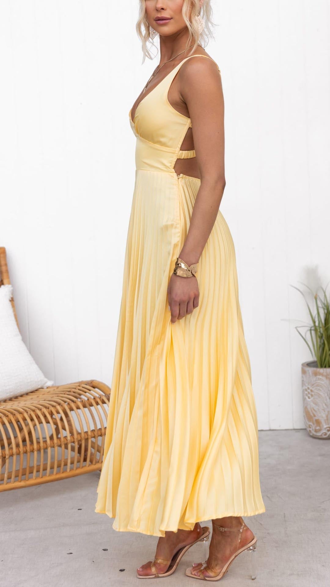 Malia | Pleated V Neck Maxi Dress
