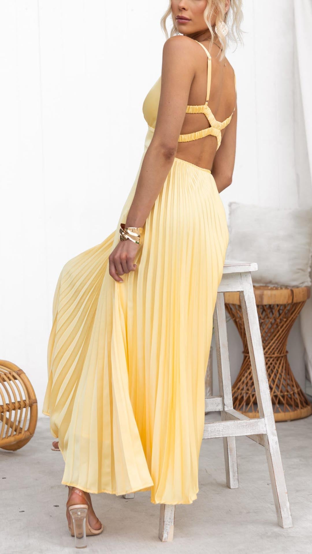 Malia | Pleated V Neck Maxi Dress